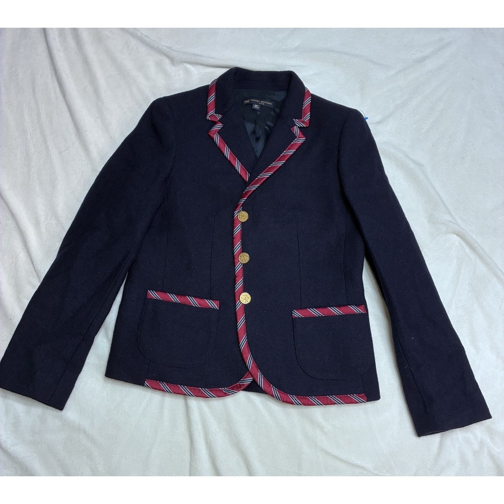 Brooks Brothers 346 Womens 8P Navy Wool Blazer Piping Trim Gold Crest Buttons